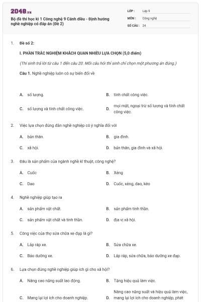 Bộ đề thi học kì 1 Công nghệ 9 Cánh diều - Định hướng nghề nghiệp có đáp án (Đề 2)