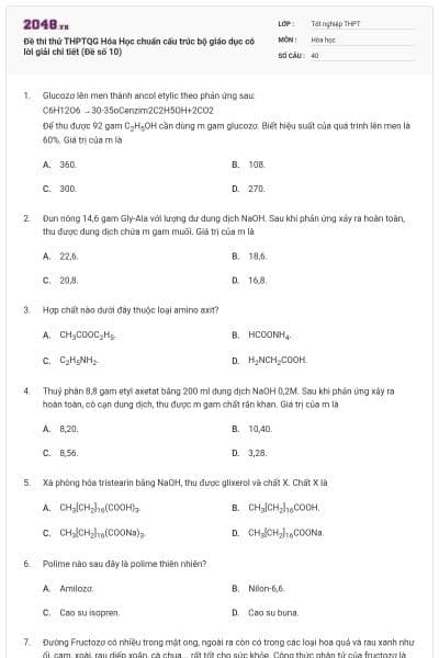 Đề thi thử THPTQG Hóa Học chuẩn cấu trúc bộ giáo dục có lời giải chi tiết (Đề số 10)