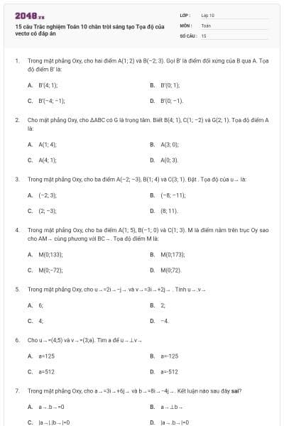 15 câu  Trắc nghiệm Toán 10 chân trời sáng tạo Tọa độ của vectơ có đáp án