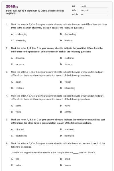 Đề thi cuối học kỳ 1 Tiếng Anh 12 Global Success có đáp án (Đề 5)