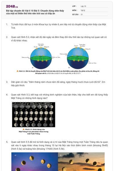 Bài tập chuyên đề Vật lí 10 Bài 5: Chuyển động nhìn thấy của một số thiên thể trên nền trời sao có đáp án