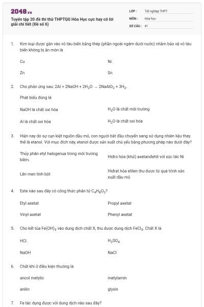 Tuyển tập 20 đề thi thử THPTQG Hóa Học cực hay có lời giải chi tiết (Đề số 6)