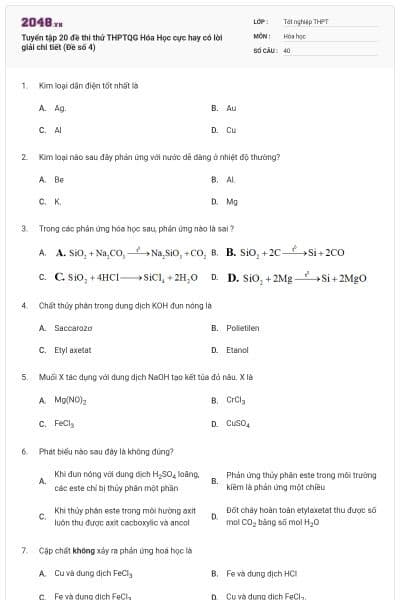 Tuyển tập 20 đề thi thử THPTQG Hóa Học cực hay có lời giải chi tiết (Đề số 4)