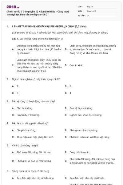 Đề thi học kì 1 Công nghệ 12 Kết nối tri thức - Công nghệ lâm nghiệp, thủy sản có đáp án- Đề 2