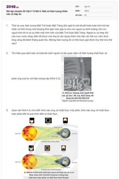 Bài tập chuyên đề Vật lí 10 Bài 6: Một số hiện tượng thiên văn có đáp án