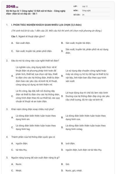 Đề thi học kì 1 Công nghệ 12 Kết nối tri thức - Công nghệ điện- điện tử có đáp án - Đề 1