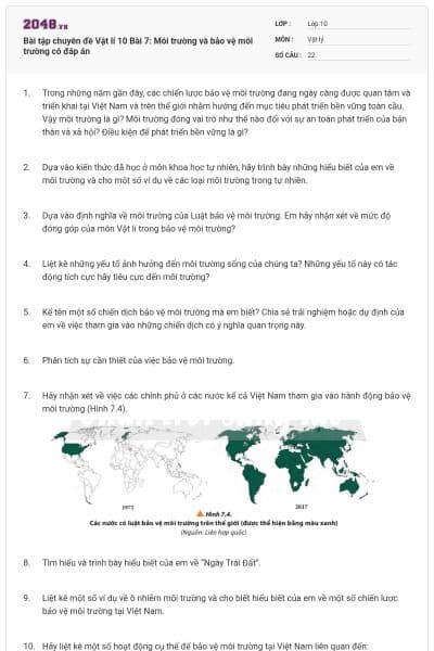 Bài tập chuyên đề Vật lí 10 Bài 7: Môi trường và bảo vệ môi trường có đáp án