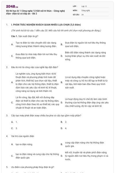 Đề thi học kì 1 Công nghệ 12 Kết nối tri thức - Công nghệ điện- điện tử có đáp án - Đề 2