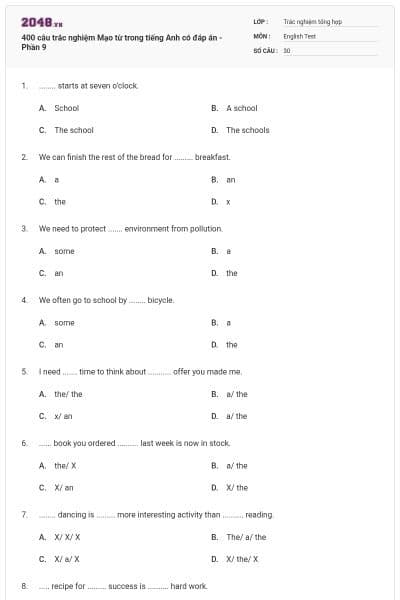 400 câu trắc nghiệm Mạo từ trong tiếng Anh có đáp án - Phần 9