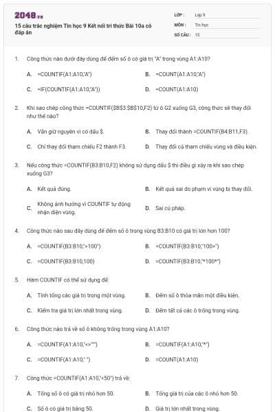 15 câu trắc nghiệm Tin học 9 Kết nối tri thức Bài 10a có đáp án
