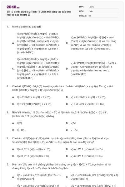 Bộ 10 đề thi giữa kì 2 Toán 12 Chân trời sáng tạo cấu trúc mới có đáp án (Đề 2)