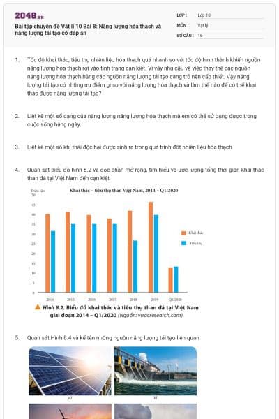 Bài tập chuyên đề Vật lí 10 Bài 8: Năng lượng hóa thạch và năng lượng tái tạo có đáp án