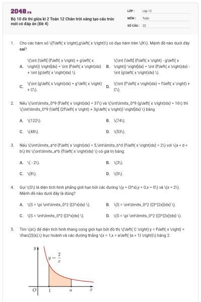 Bộ 10 đề thi giữa kì 2 Toán 12 Chân trời sáng tạo cấu trúc mới có đáp án (Đề 4)