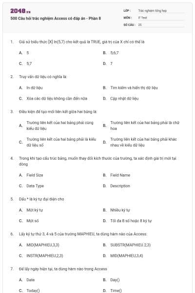 500 Câu hỏi trắc nghiệm Access có đáp án - Phần 8