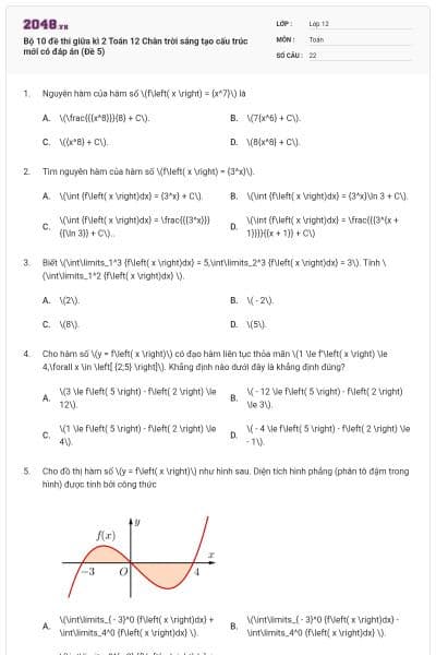 Bộ 10 đề thi giữa kì 2 Toán 12 Chân trời sáng tạo cấu trúc mới có đáp án (Đề 5)