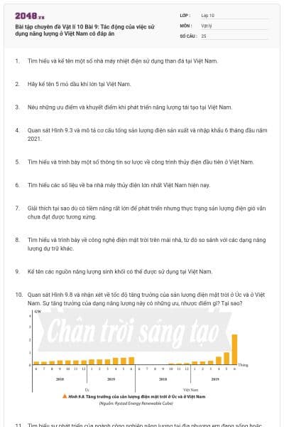 Bài tập chuyên đề Vật lí 10 Bài 9: Tác động của việc sử dụng năng lượng ở Việt Nam có đáp án