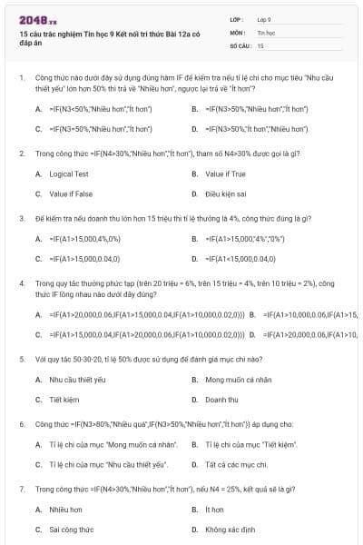 15 câu trắc nghiệm Tin học 9 Kết nối tri thức Bài 12a có đáp án