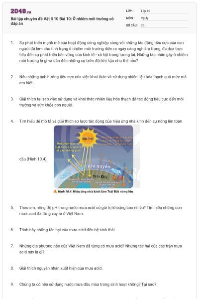 Bài tập chuyên đề Vật lí 10 Bài 10: Ô nhiễm môi trường có đáp án