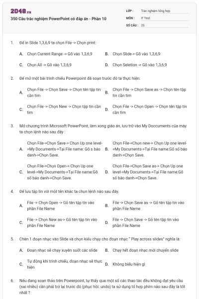 350 Câu trắc nghiệm PowerPoint có đáp án - Phần 10
