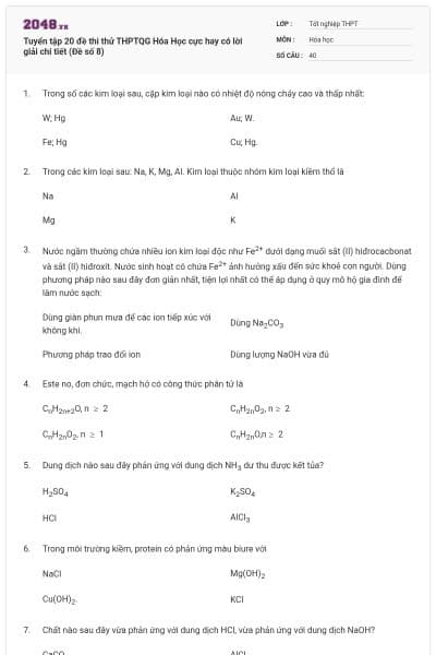 Tuyển tập 20 đề thi thử THPTQG Hóa Học cực hay có lời giải chi tiết (Đề số 8)