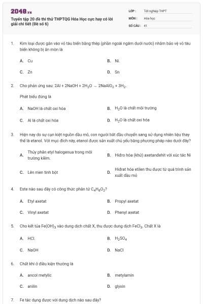 Tuyển tập 20 đề thi thử THPTQG Hóa Học cực hay có lời giải chi tiết (Đề số 6)