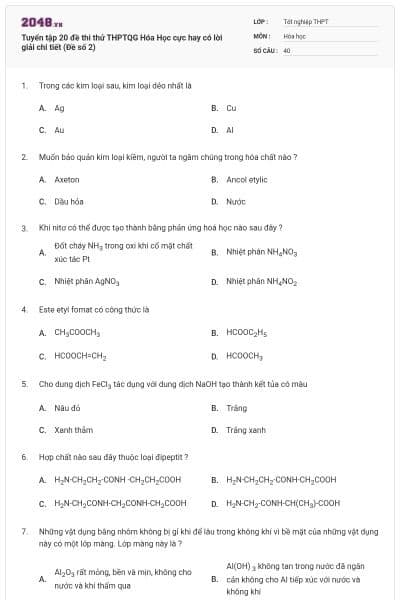 Tuyển tập 20 đề thi thử THPTQG Hóa Học cực hay có lời giải chi tiết (Đề số 2)
