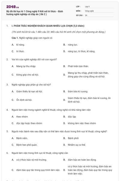 Bộ đề thi học kì 1 Công nghệ 9 Kết nối tri thức - Định hướng nghề nghiệp có đáp án ( Đề 2 )
