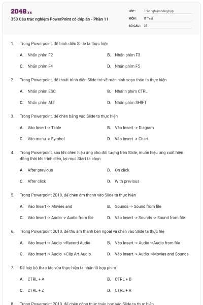 350 Câu trắc nghiệm PowerPoint có đáp án - Phần 11