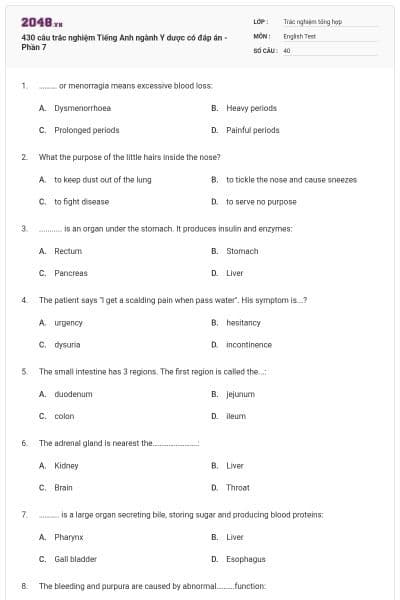 430 câu trắc nghiệm Tiếng Anh ngành Y dược có đáp án  - Phần 7