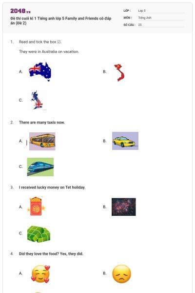 Đề thi cuối kì 1 Tiếng anh lớp 5 Family and Friends có đáp án (Đề 2)