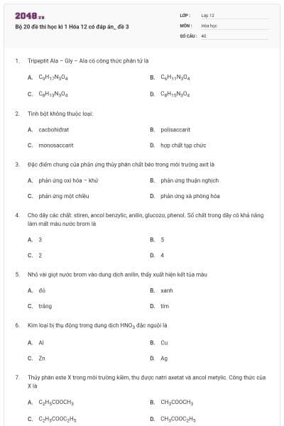 Bộ 20 đề thi học kì 1 Hóa 12 có đáp án_ đề 3