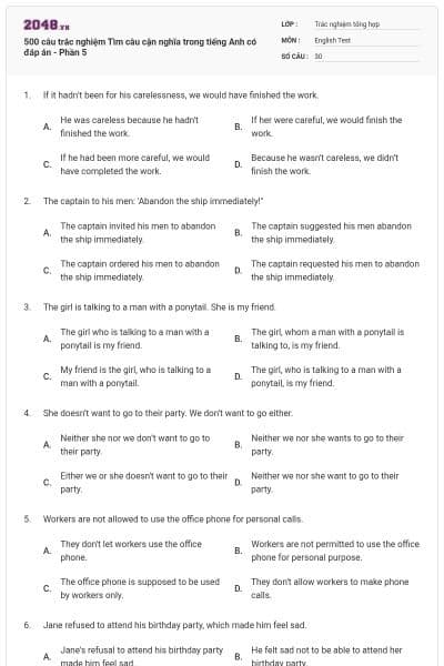 500 câu trắc nghiệm Tìm câu cận nghĩa trong tiếng Anh có đáp án - Phần 5