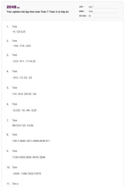 Trắc nghiệm bài tập theo tuần Toán 7-Tuần 3 có đáp án