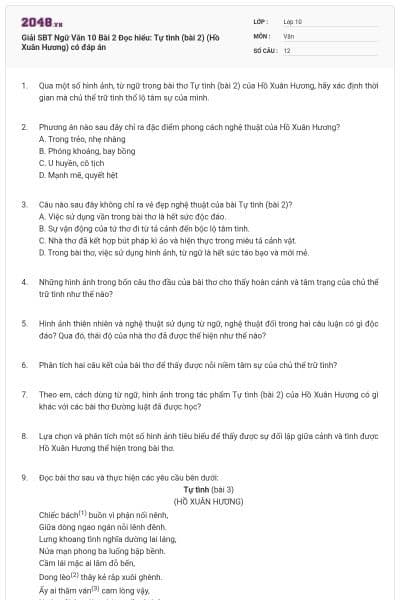 Giải SBT Ngữ Văn 10 Bài 2 Đọc hiểu: Tự tình (bài 2) (Hồ Xuân Hương) có đáp án