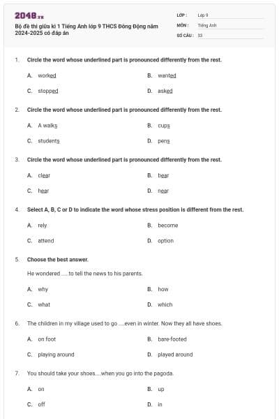 Bộ đề thi giữa kì 1 Tiếng Anh lớp 9 THCS Đông Động năm 2024-2025 có đáp án