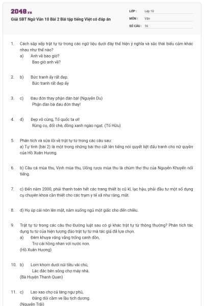 Giải SBT Ngữ Văn 10 Bài 2 Bài tập tiếng Việt có đáp án