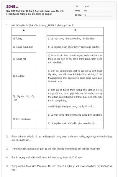 Giải SBT Ngữ Văn 10 Bài 3 Đọc hiểu: Mắc mưu Thị Hến (Trích tuồng Nghêu, Sò, Ốc, Hến) có đáp án