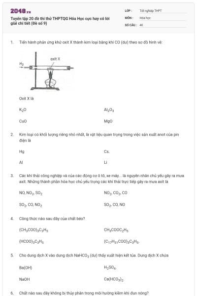 Tuyển tập 20 đề thi thử THPTQG Hóa Học cực hay có lời giải chi tiết (Đề số 9)