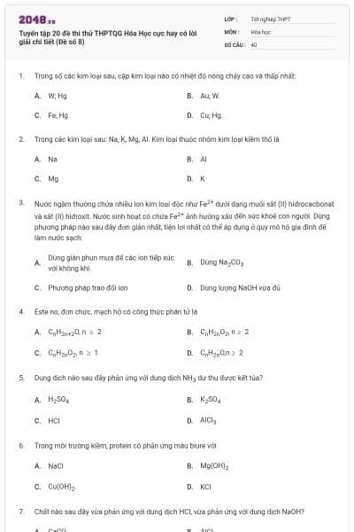 Tuyển tập 20 đề thi thử THPTQG Hóa Học cực hay có lời giải chi tiết (Đề số 8)