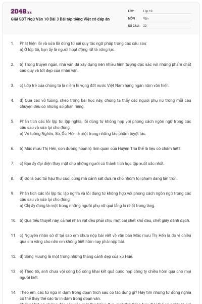 Giải SBT Ngữ Văn 10 Bài 3 Bài tập tiếng Việt có đáp án