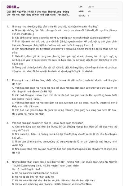 Giải SBT Ngữ Văn 10 Bài 4 Đọc hiểu: Thăng Long - Đông Đô - Hà Nội: Một hằng số văn hoá Việt Nam (Trần Quốc Vượng) có đáp án