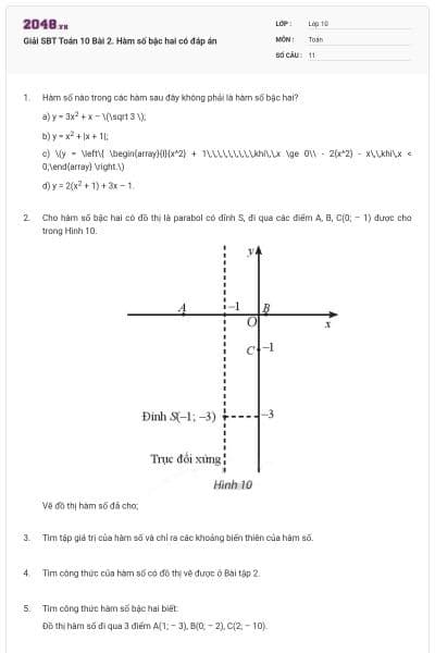 Giải SBT Toán 10 Bài 2. Hàm số bậc hai có đáp án