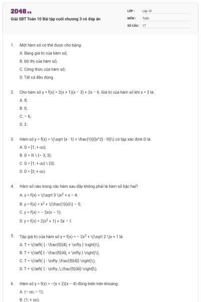 Giải SBT Toán 10 Bài tập cuối chương 3 có đáp án