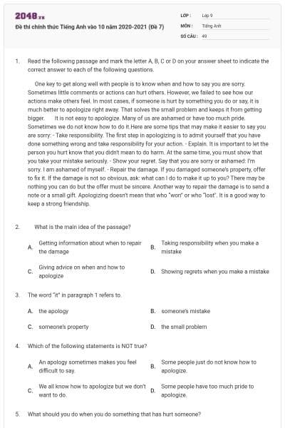 Đề thi chính thức Tiếng Anh vào 10 năm 2020-2021 (Đề 7)