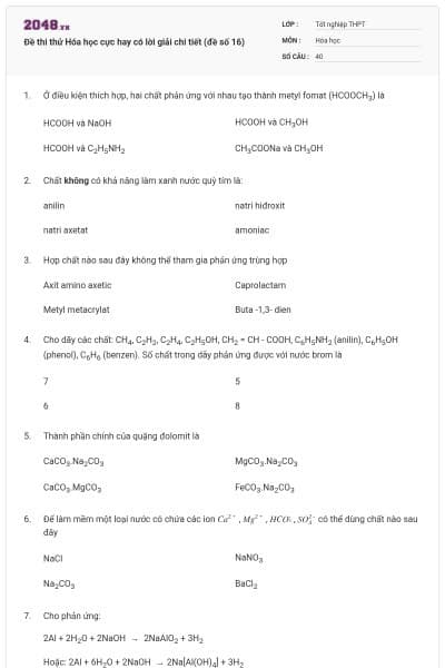 Đề thi thử Hóa học cực hay có lời giải chi tiết (đề số 16)
