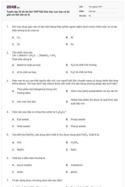Tuyển tập 20 đề thi thử THPTQG Hóa Học cực hay có lời giải chi tiết (Đề số 5)