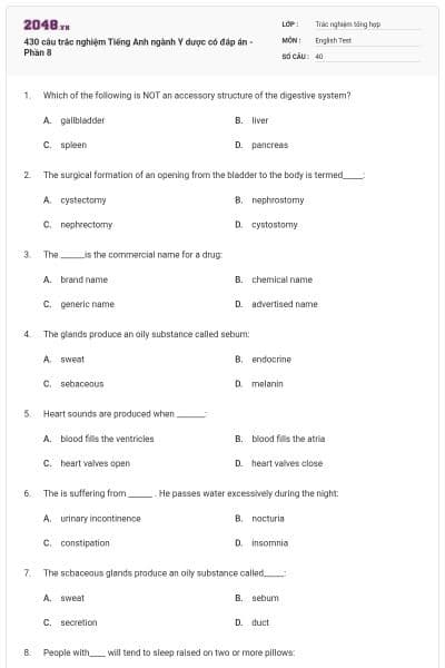 430 câu trắc nghiệm Tiếng Anh ngành Y dược có đáp án - Phần 8