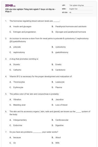 430 câu trắc nghiệm Tiếng Anh ngành Y dược có đáp án - Phần 9
