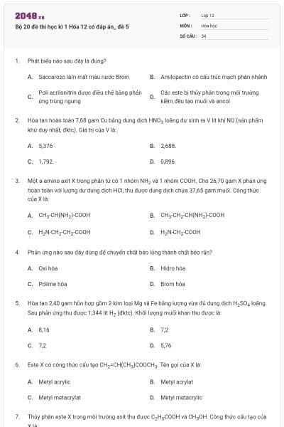 Bộ 20 đề thi học kì 1 Hóa 12 có đáp án_ đề 5