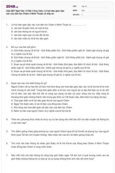 Giải SBT Ngữ Văn 10 Bài 4 Đọc hiểu: Lễ hội dân gian đặc sắc của dân tộc Chăm ở Ninh Thuận có đáp án